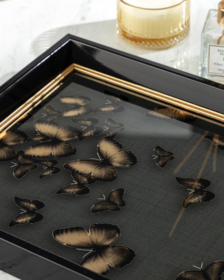 Tavă decorativă, Butterfly Goldie, plastic-mdf-rattan, 31x46 cm, negru-auriu