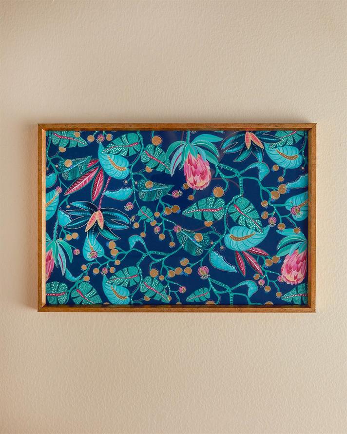 Tavă decorativă, Exotic Leaves, sticlă, 31x46 cm, bleumarin