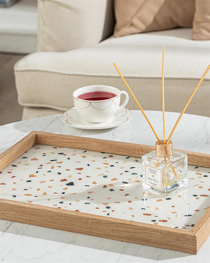Tavă decorativă, Terazzo, plastic-mdf-rattan, 31x46 cm, maro