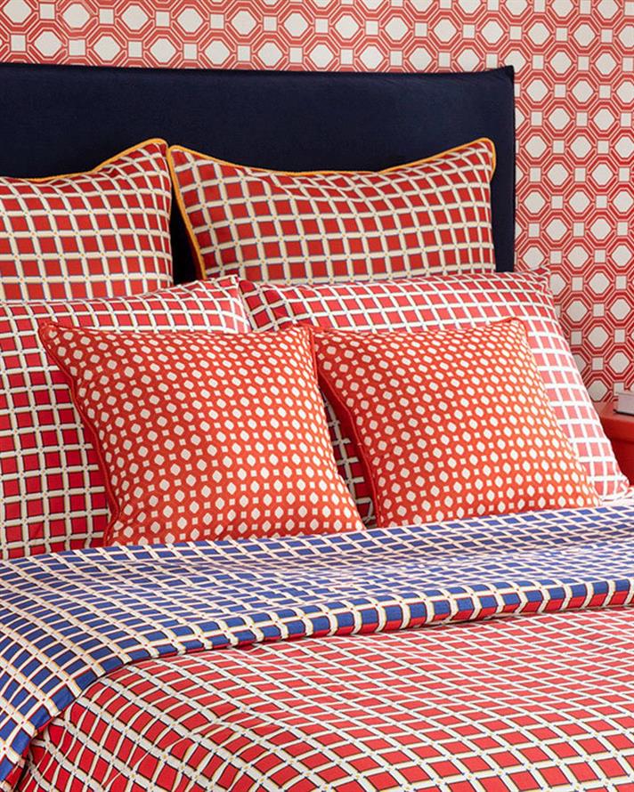 Tesselation, Set husă de pilotă cu față de pernă, pentru o persoană, bumbac, 160x220 cm/ 50x70 cm, roșu - bleumarin
