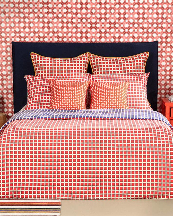 Tesselation, Set husă de pilotă cu față de pernă, pentru o persoană, bumbac, 160x220 cm/ 50x70 cm, roșu - bleumarin