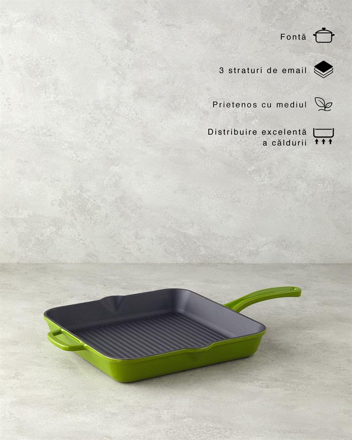 Tigaie grill patrata, Hecha, fonta, 28 cm, verde