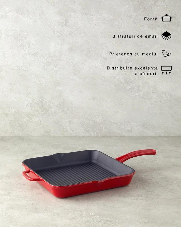 Tigaie grill patrata, Hecha, fonta, 28 cm, rosu
