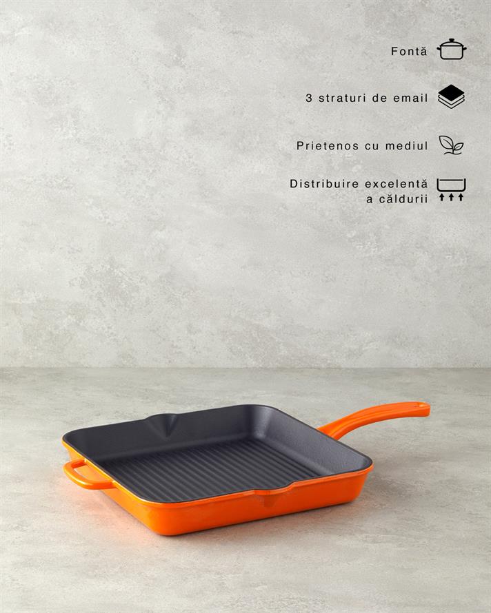 Tigaie grill patrata, Hecha, fonta, 28 cm, portocaliu