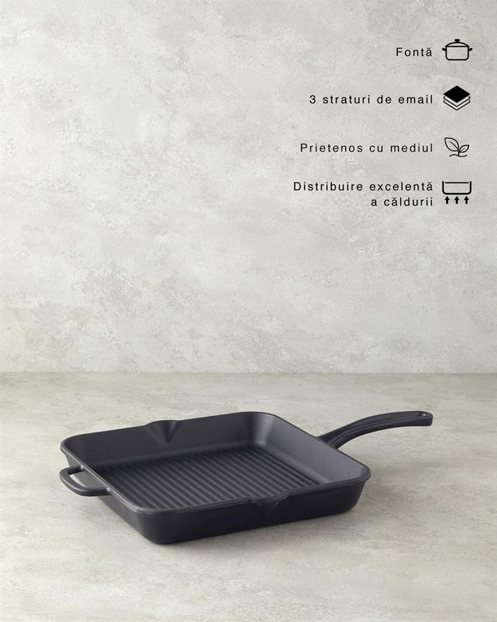 Tigaie grill patrata, Hecha, fonta, 28 cm, negru