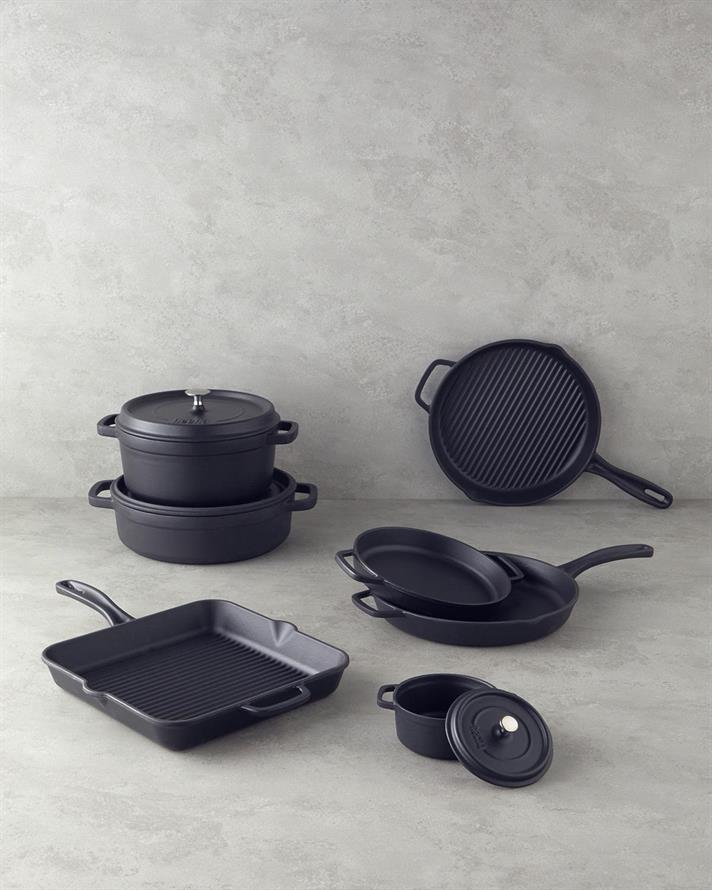 Tigaie grill patrata, Hecha, fonta, 28 cm, negru