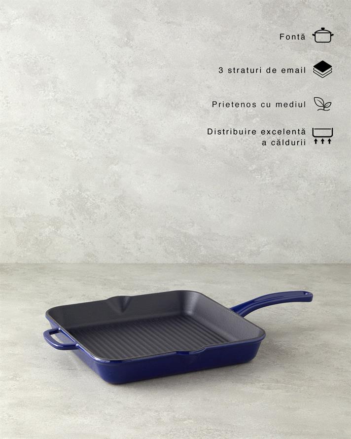 Tigaie grill patrata, Hecha, fonta, 28 cm, bleu