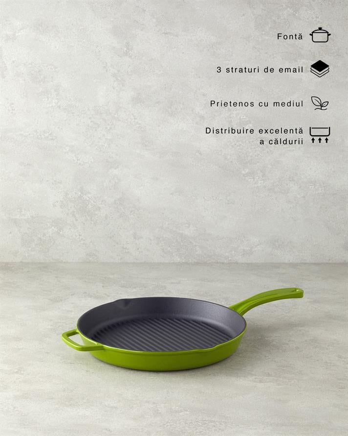 Tigaie grill rotunda, Hecha, fonta, 28x4 cm, verde