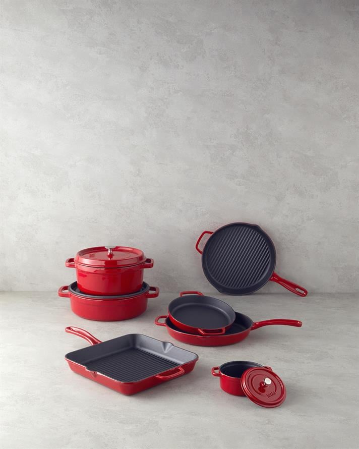 Fier Turnat Rotund Grill Tigaie Grill 28x4 cm Roșu