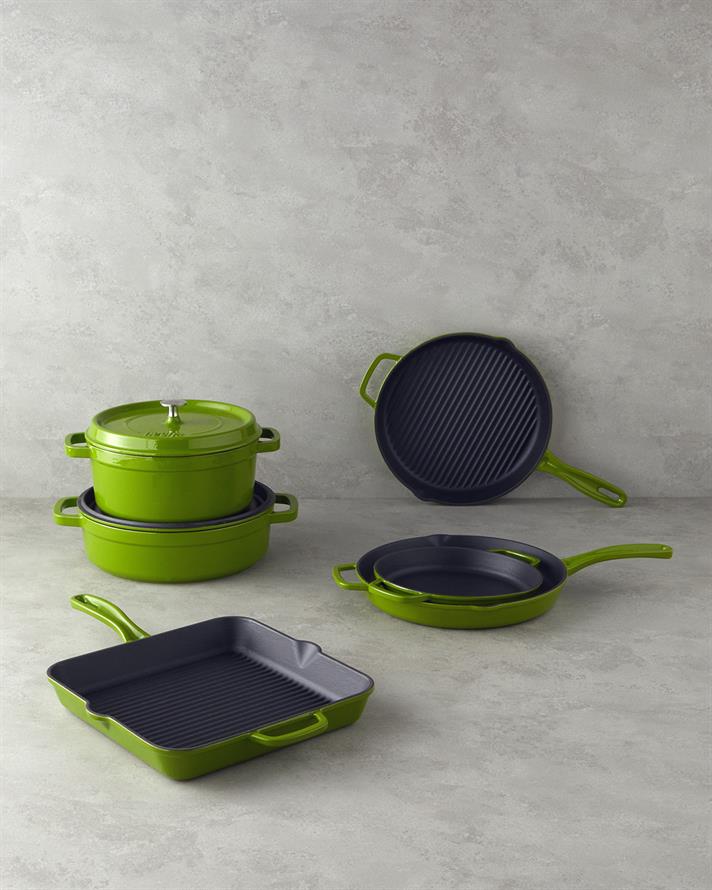 Tigaie grill rotunda, Hecha, fonta, 28x4 cm, verde