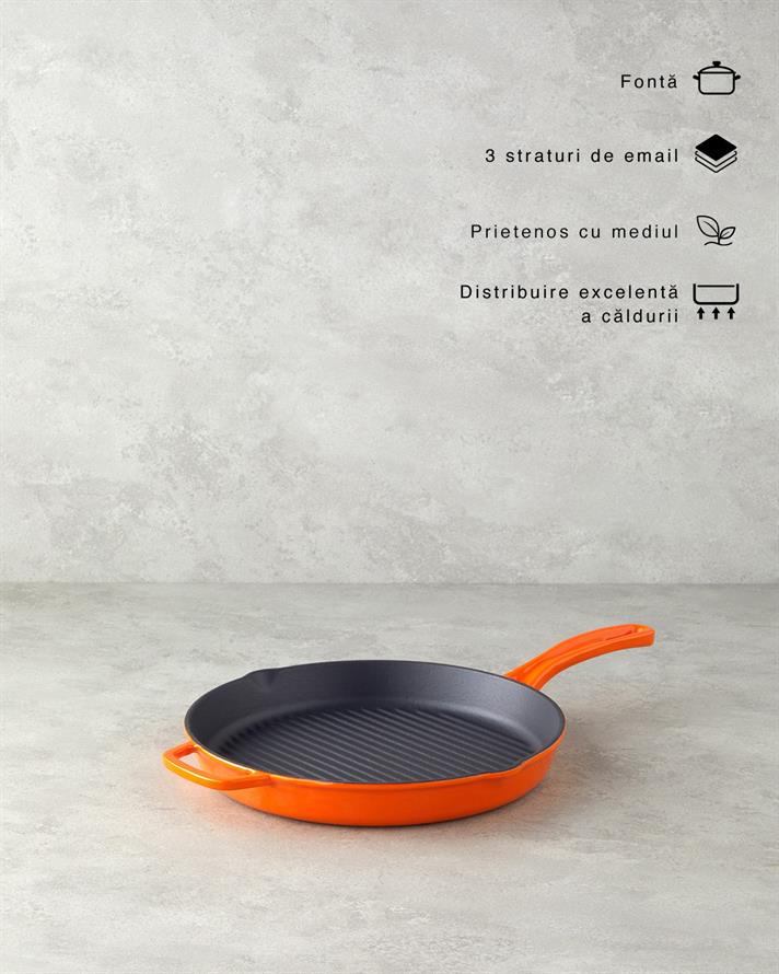 Tigaie grill rotunda, Hecha, fonta, 28x4 cm, portocaliu