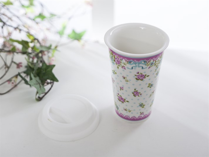 Rose And Lace Bone China Travel Mug 300 ml Pink