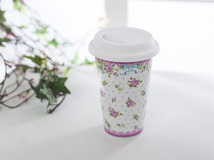 Rose And Lace Bone China Travel Mug 300 ml Pink