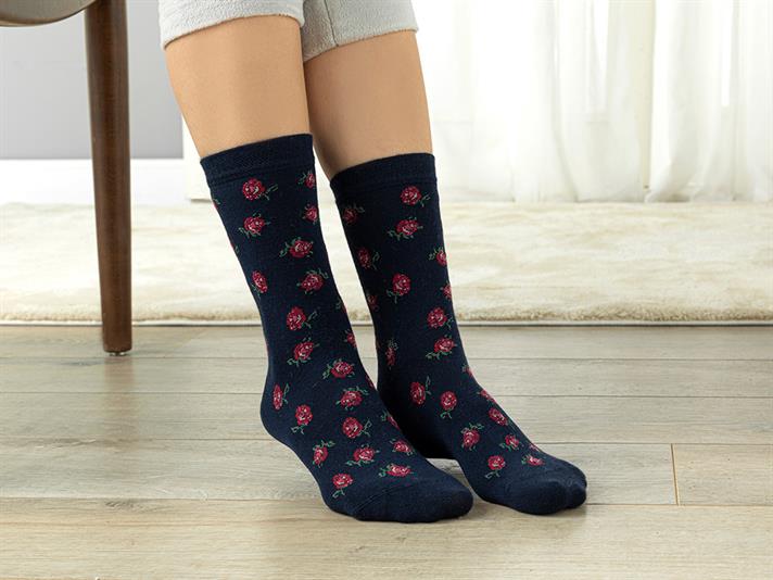 Red Rose Bamboo Women Long Length Sock 36-40 Dark Blue