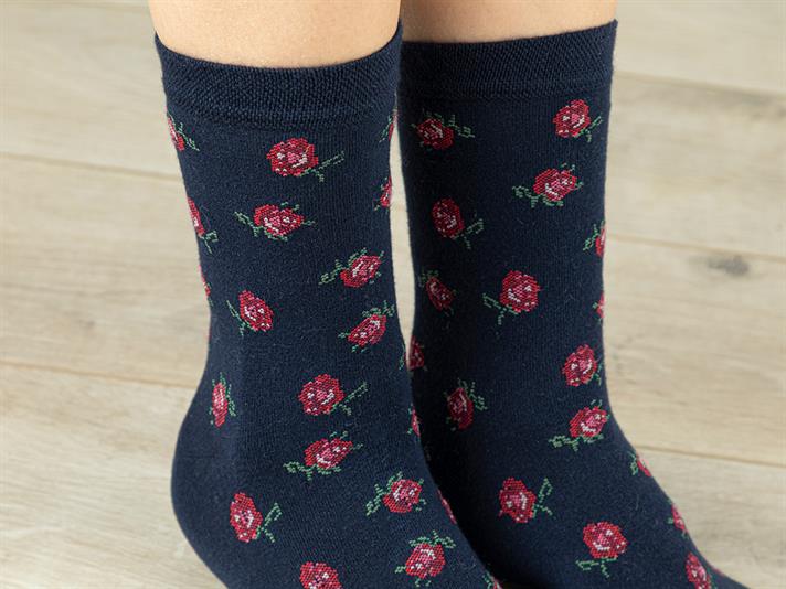 Red Rose Bamboo Women Long Length Sock 36-40 Dark Blue