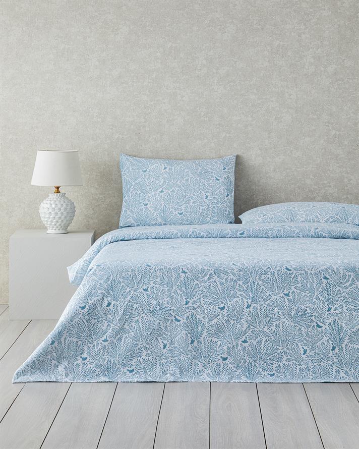 Lenjerie de pat completa pentru doua persoane, Pure Birds, bumbac-poliester, 200x220 cm/160x200 cm/50x70 cm, bleu