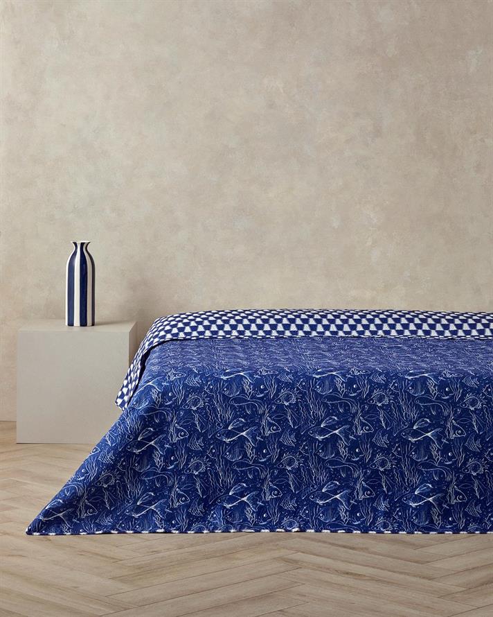 Cuvertura pat reversibila, pentru doua persoane, Underwater Wonders, poliester, 200x220 cm, albastru