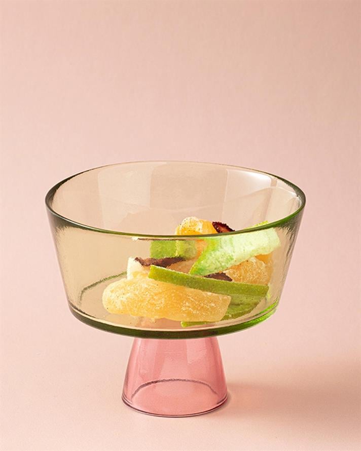 Unique Glass With Feet Presentation Bowl 16 cm Green-Pink