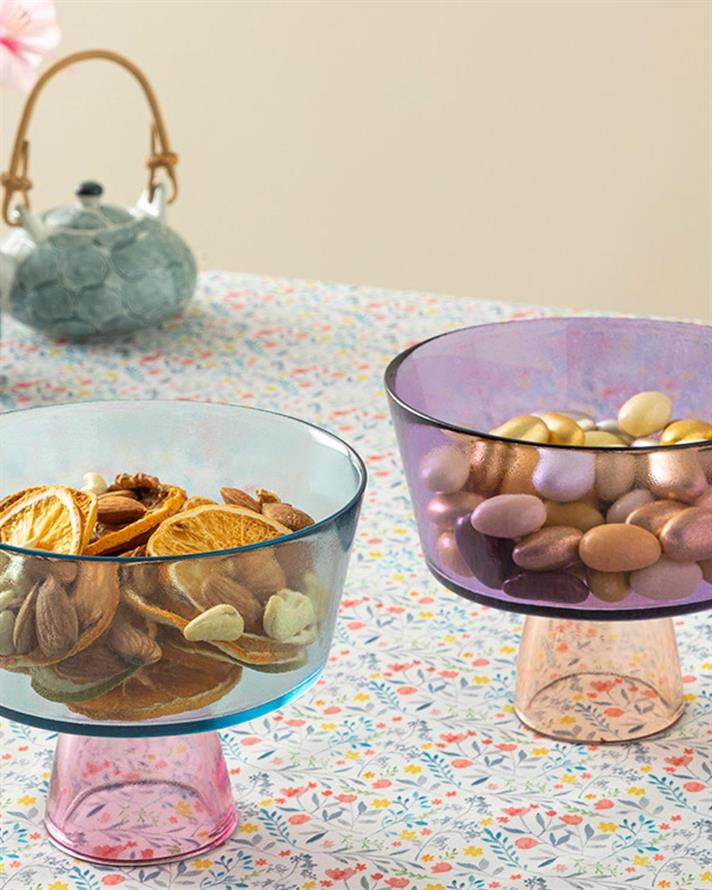 Unique Glass With Feet Presentation Bowl 16 cm Blue-Pink