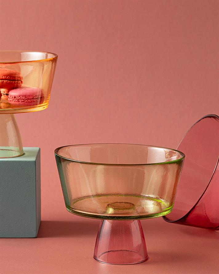 Unique Glass With Feet Presentation Bowl 16 cm Green-Pink
