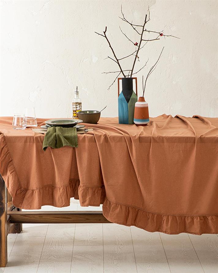 Vague Cotton Ruffled Table Cloth 160x240 cm Terracotta
