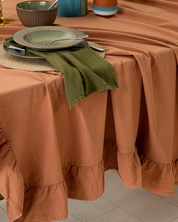 Vague Cotton Ruffled Table Cloth 160x240 cm Terracotta