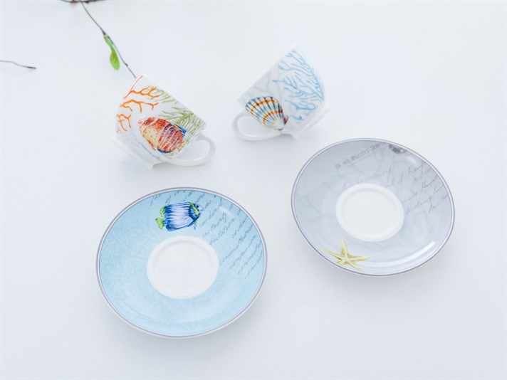 Life Of Sea Bone China 4 Pieces 2 Servings Coffee Cup Set 100 ml Blue