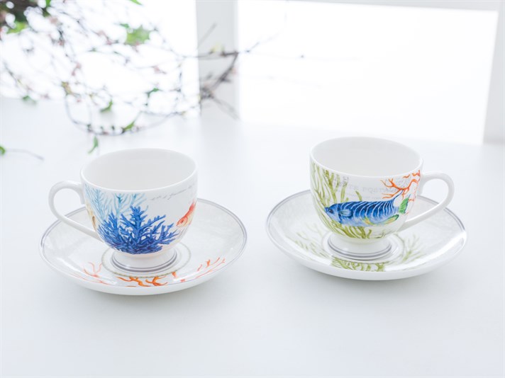 Life Of Sea Bone China 4 Pieces 2 Servings Tea Cup 210 ml Blue