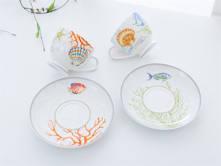 Life Of Sea Bone China 4 Pieces 2 Servings Tea Cup 210 ml Blue