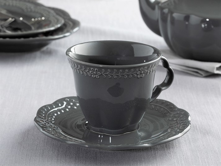 Viyana Porcelain 4 Parça 2 Kişilik Tea Cup Set 180 ml Anthracite