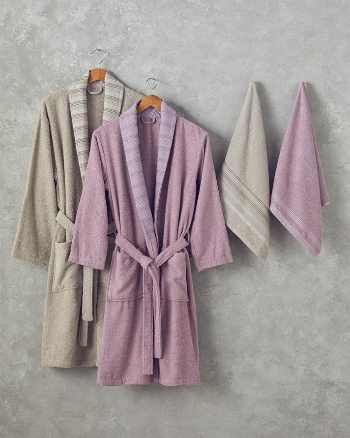 Wolin Bumbac Poliester Bordurat Set Halat S-M & L-XL Roz - Antracit