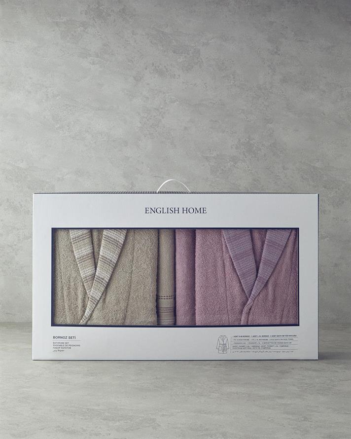 Wolin Bumbac Poliester Bordurat Set Halat S-M & L-XL Roz - Antracit