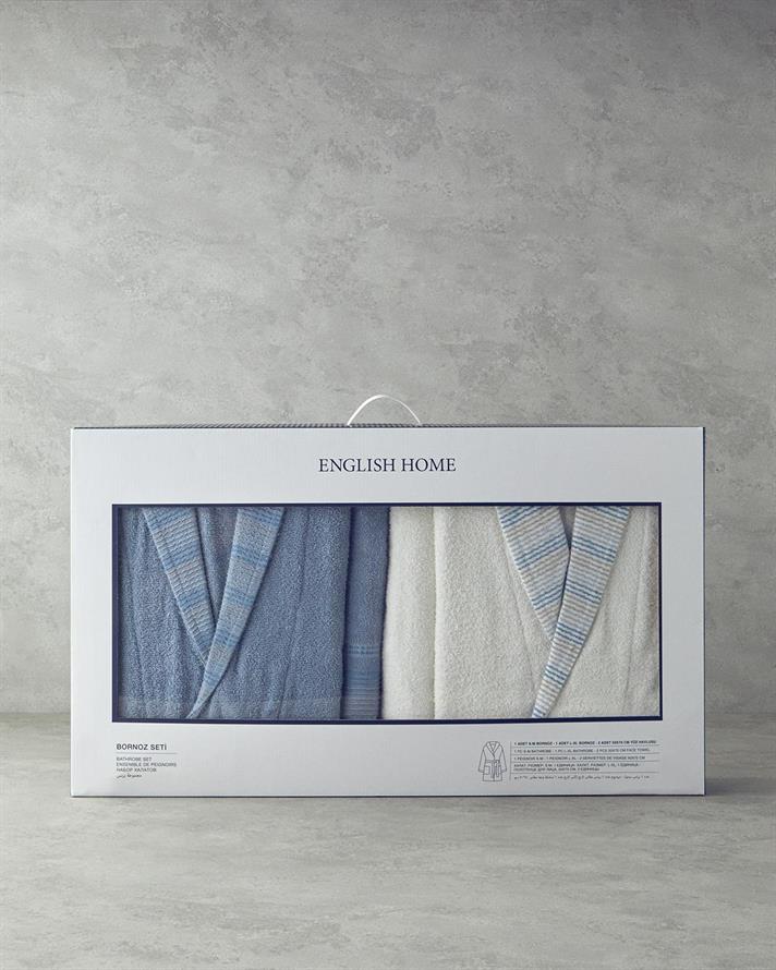 Wolin Bumbac Poliester Bordurat Set Halat S-M & L-XL Alb - Albastru