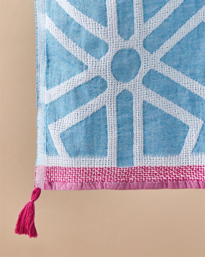 Zigzag Cu Bumbac Cu Ciucuri Peshtamal 90x150 cm Albastru-Fucsia