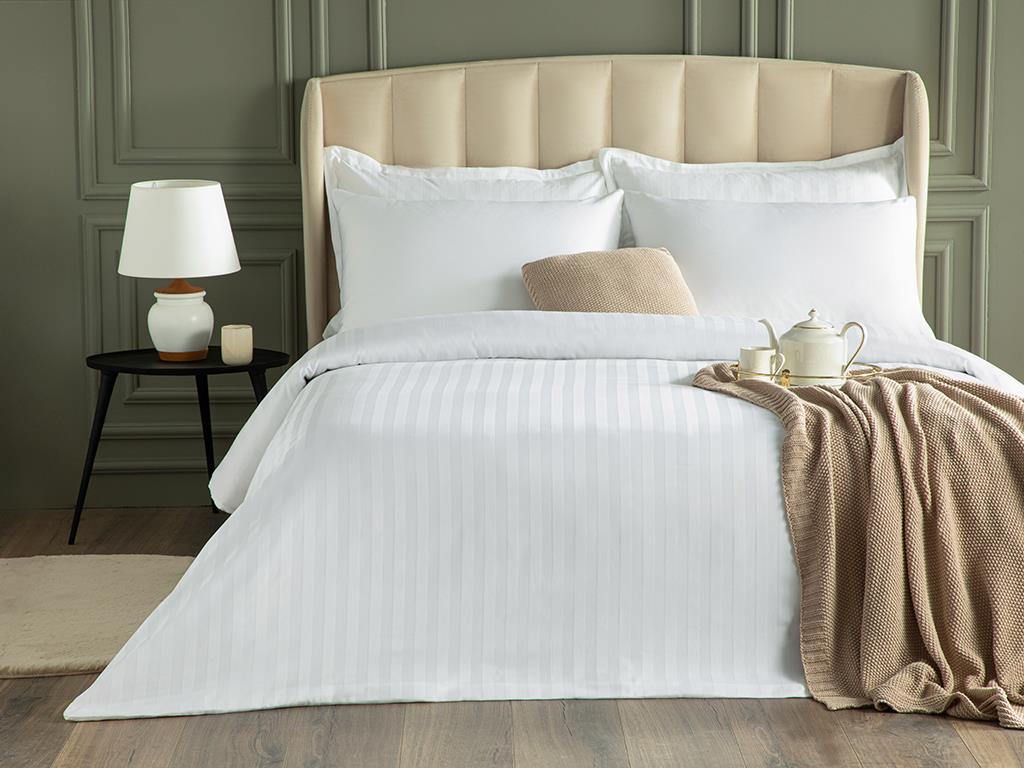 Brilliant Jacquard Striped Cotton Satin King Size Duvet Cover Set 240x220 cm  White | English Home Ro