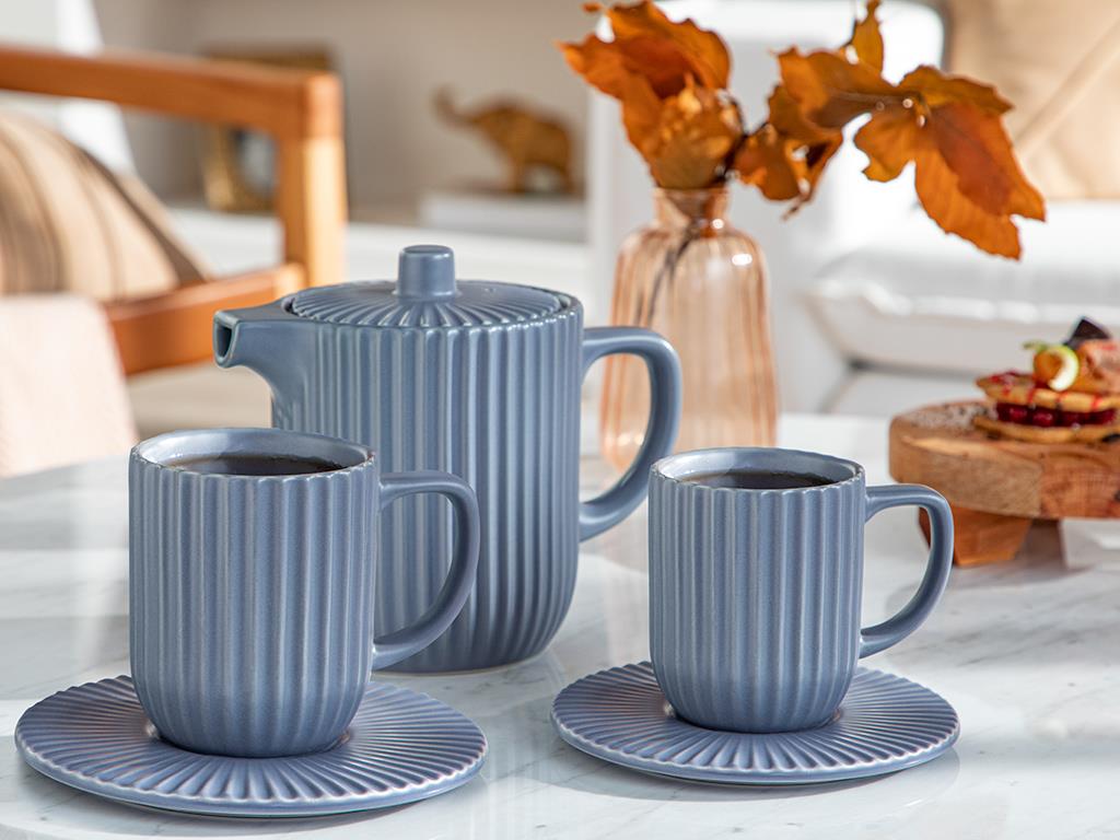 Set ceainic și 2 căni cu farfurie, Martinez, ceramică, 1000 ml + 300 ml,  bleu