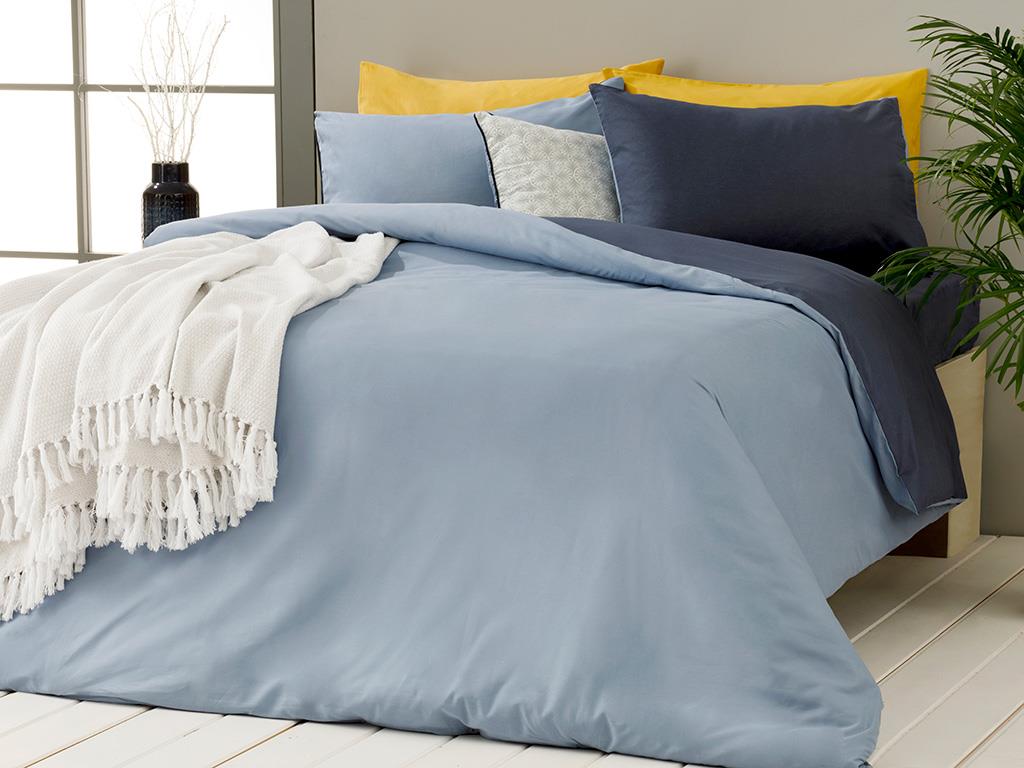 Lenjerie de pat completă, King Size, Plain, Bumbac, 240x220 cm/ 180X200 cm/  50X70 cm, bleu-albastru