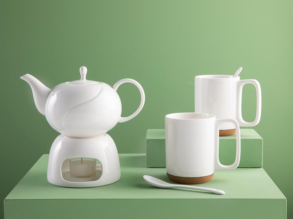 Set ceainic cu suport încălzitor și 2 căni cu lingurițe, Simple Elegant,  porțelan, 600 ml + 280 ml, alb