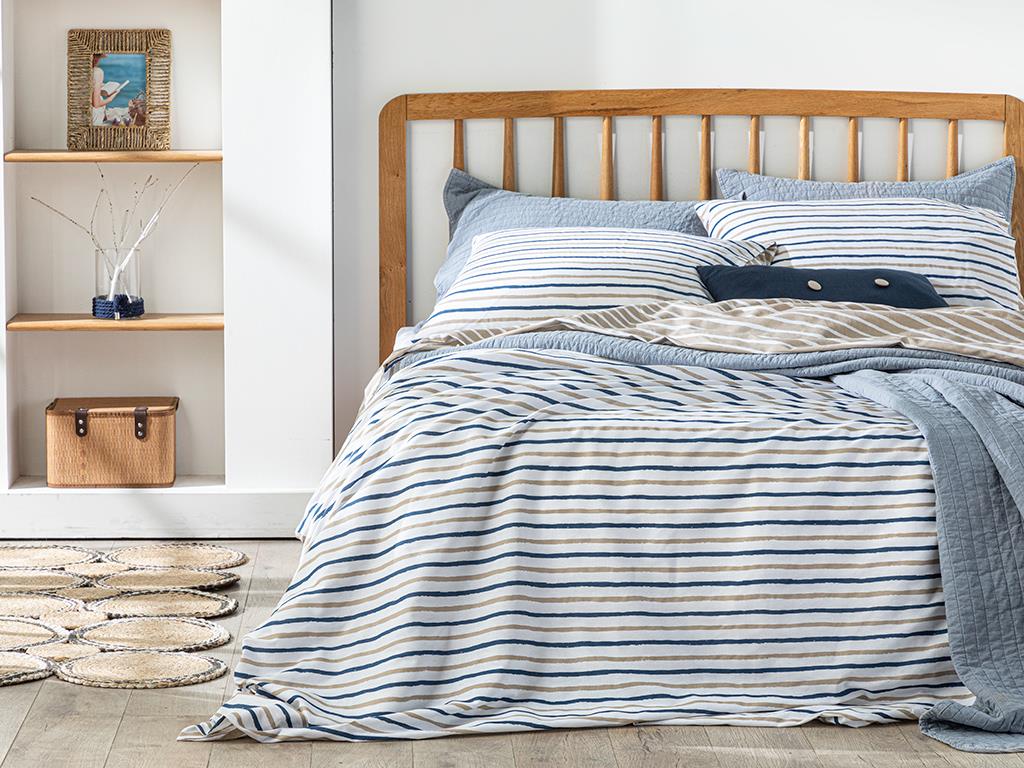 Lenjerie de pat completă, King Size, Wavy Lines, Bumbac, 240x220 cm/  180X200 cm/ 50X70 cm, bej- albastru