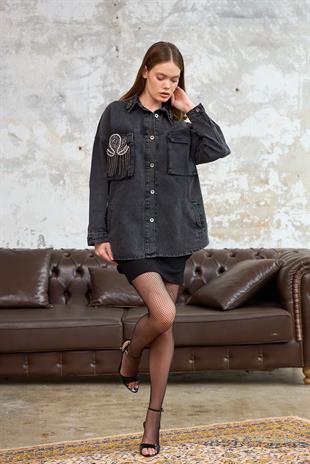 Kadın Füme Tasarım Kot Ceket