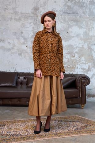 Kadın Kahve Leopar Kot Ceket