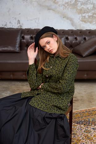 Kadın Yeşil Leopar Kot Ceket