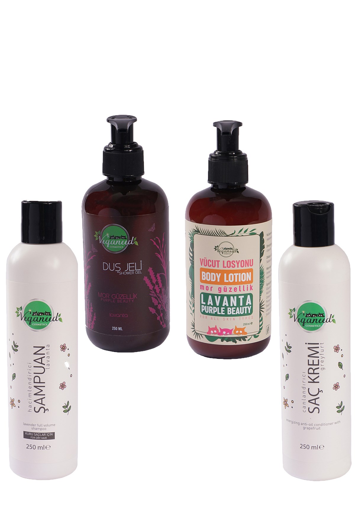 Veganeed Vegan Full Mor Set: Lavanta Aromalı Şampuan & Duş Jeli & Vücut  Losyonu | Saç Kremi (Greyfurt Aromalı)