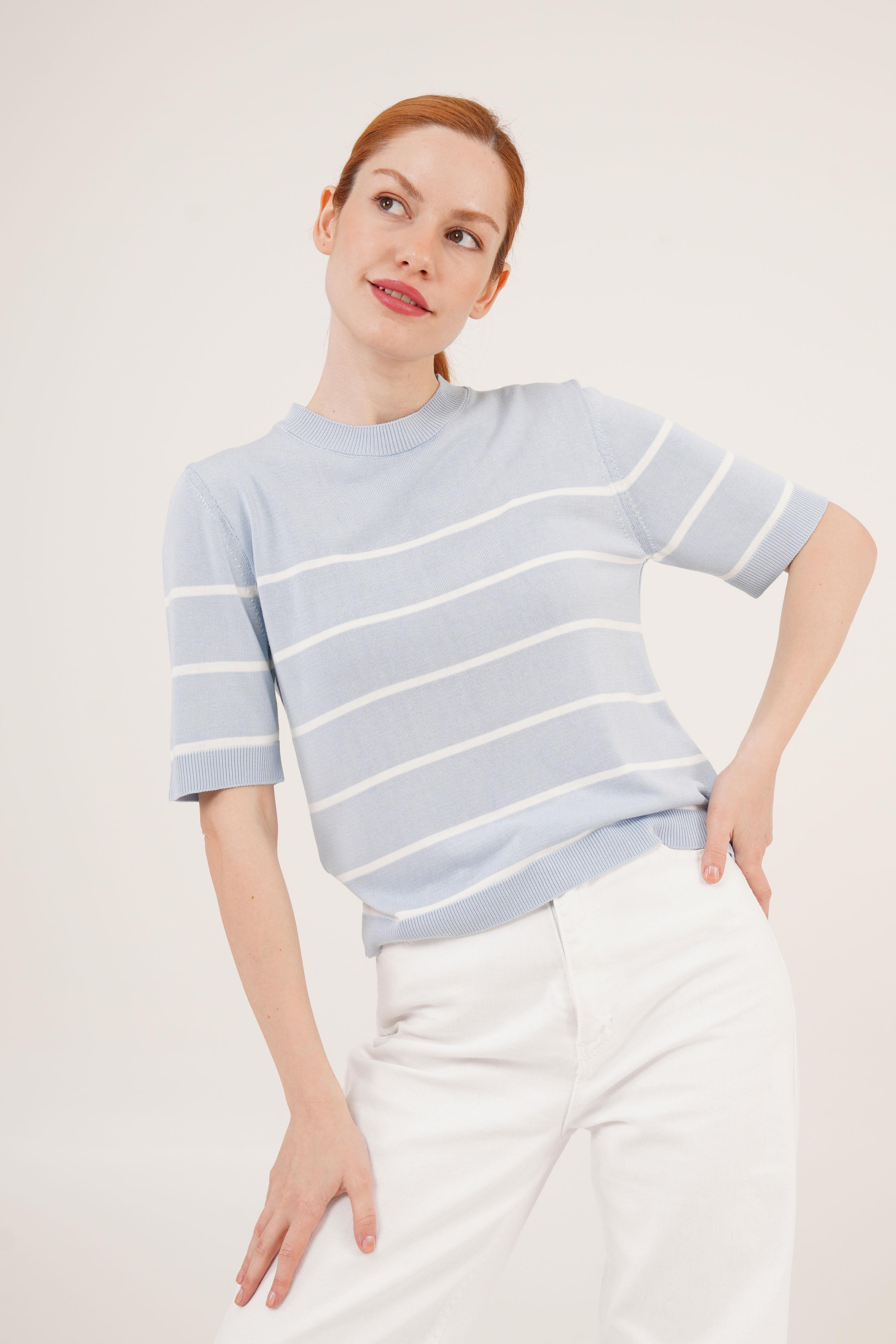Çizgili Kısa Kol Bebe Mavisi Toptan Bluz