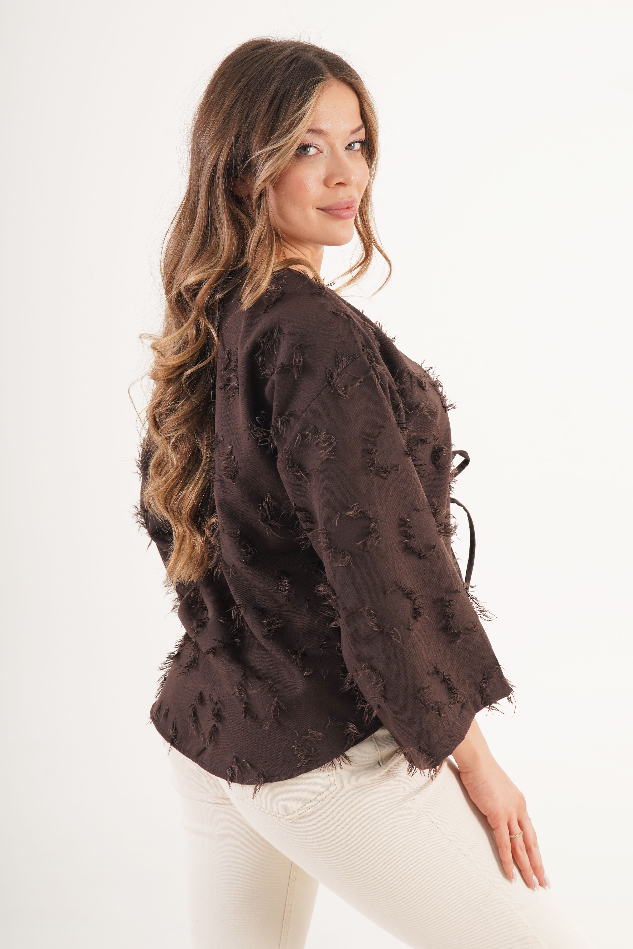 Saçaklı İp Bağlamalı Kahve Kimono - Görsel 4