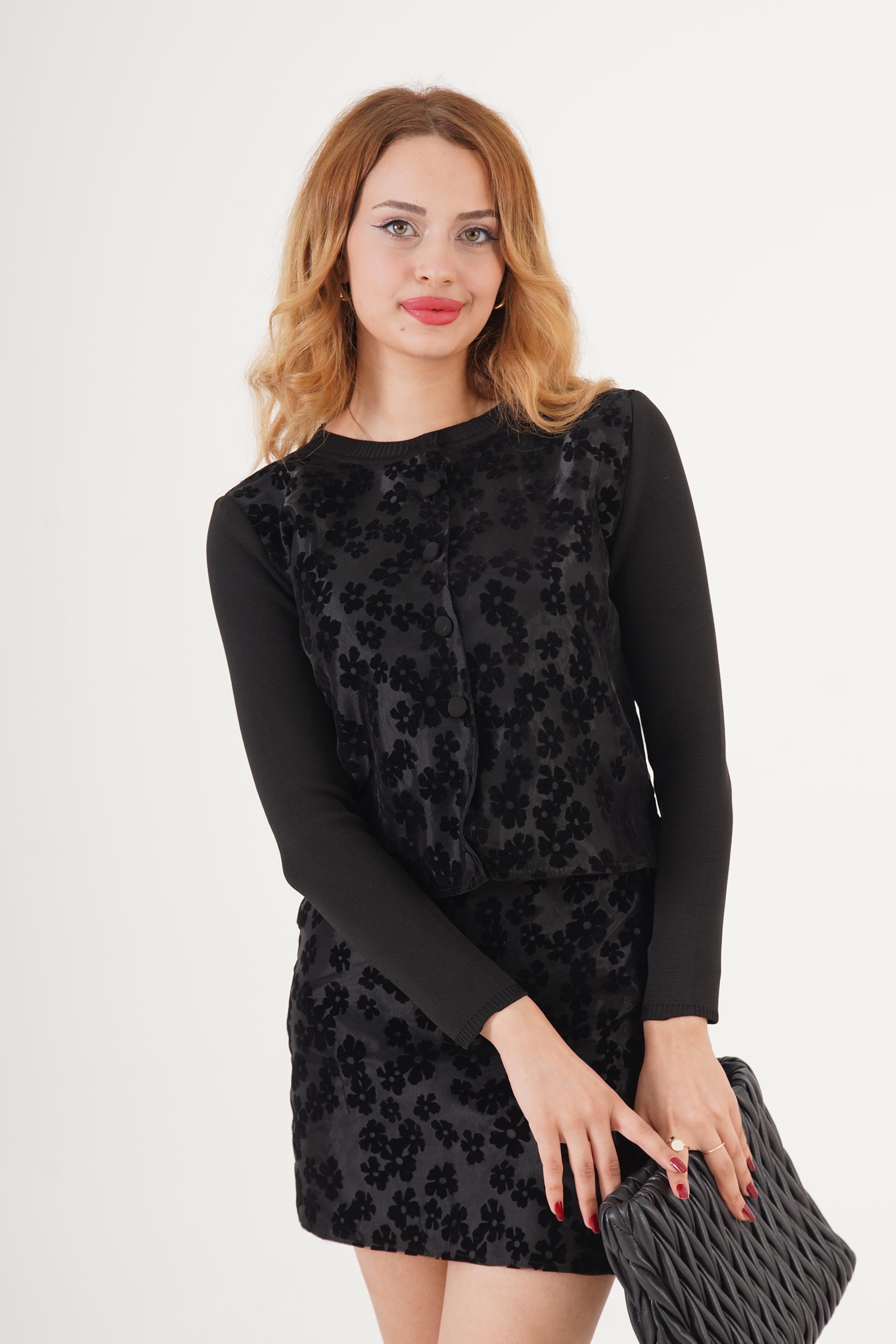 Süet İşlemeli Toptan Siyah Triko İkili Takım