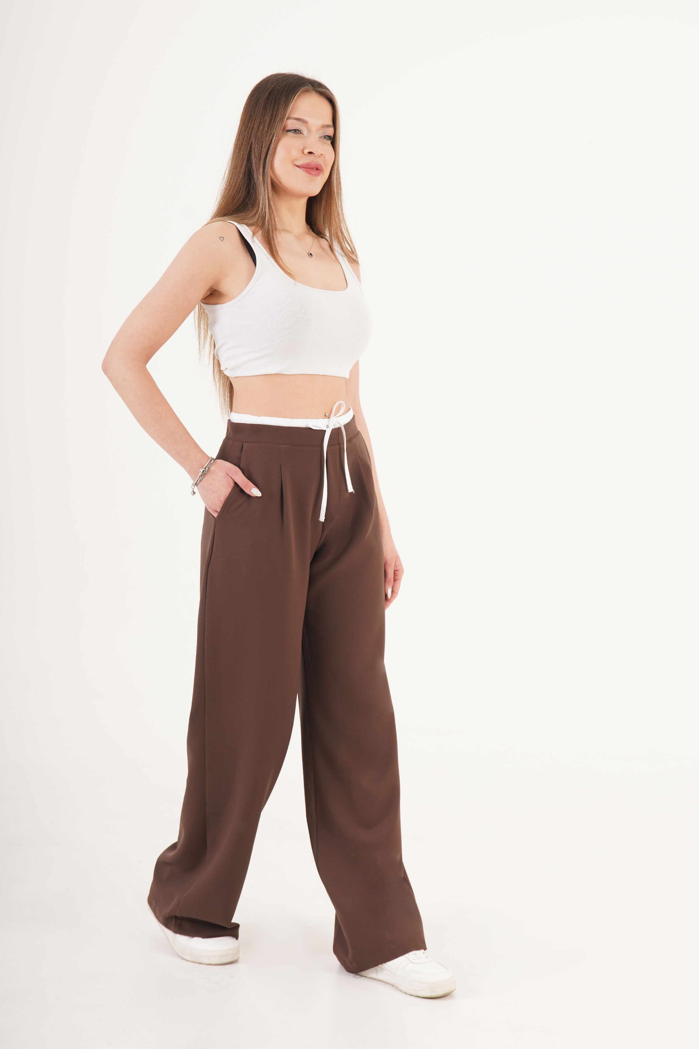 Bel Çift Bantlı Kahve Pantolon - Görsel 5