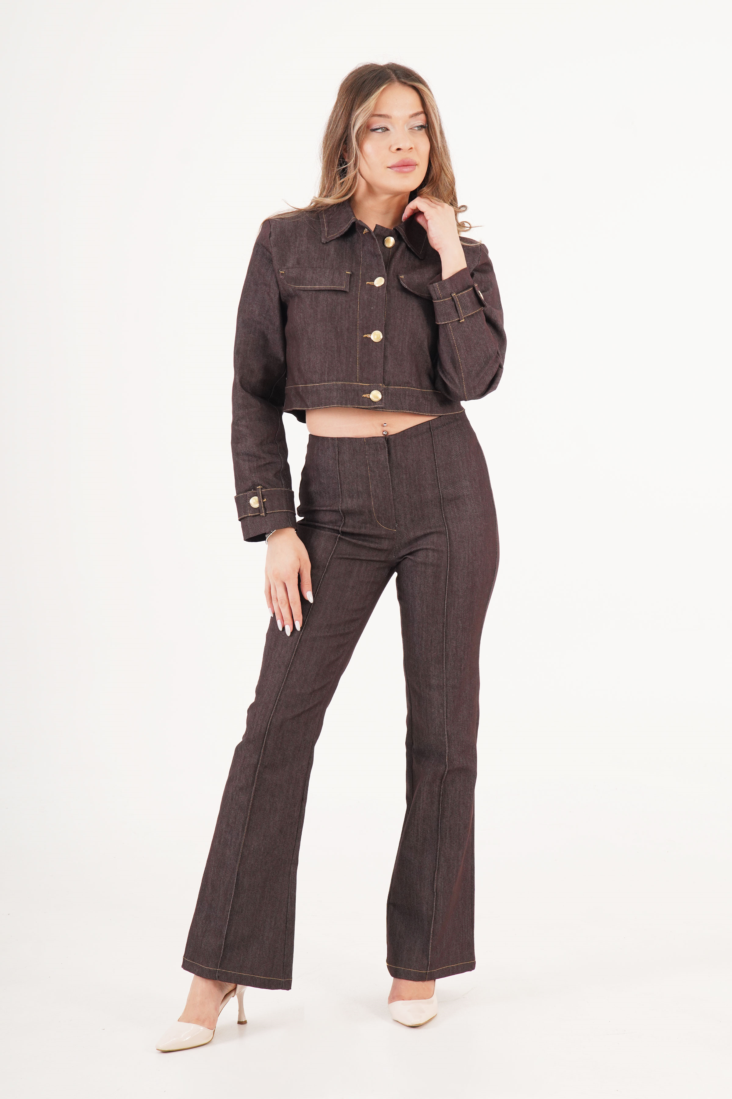 Gold Düğmeli Ceket Pantolon Kahve Denim Takım - Görsel 5