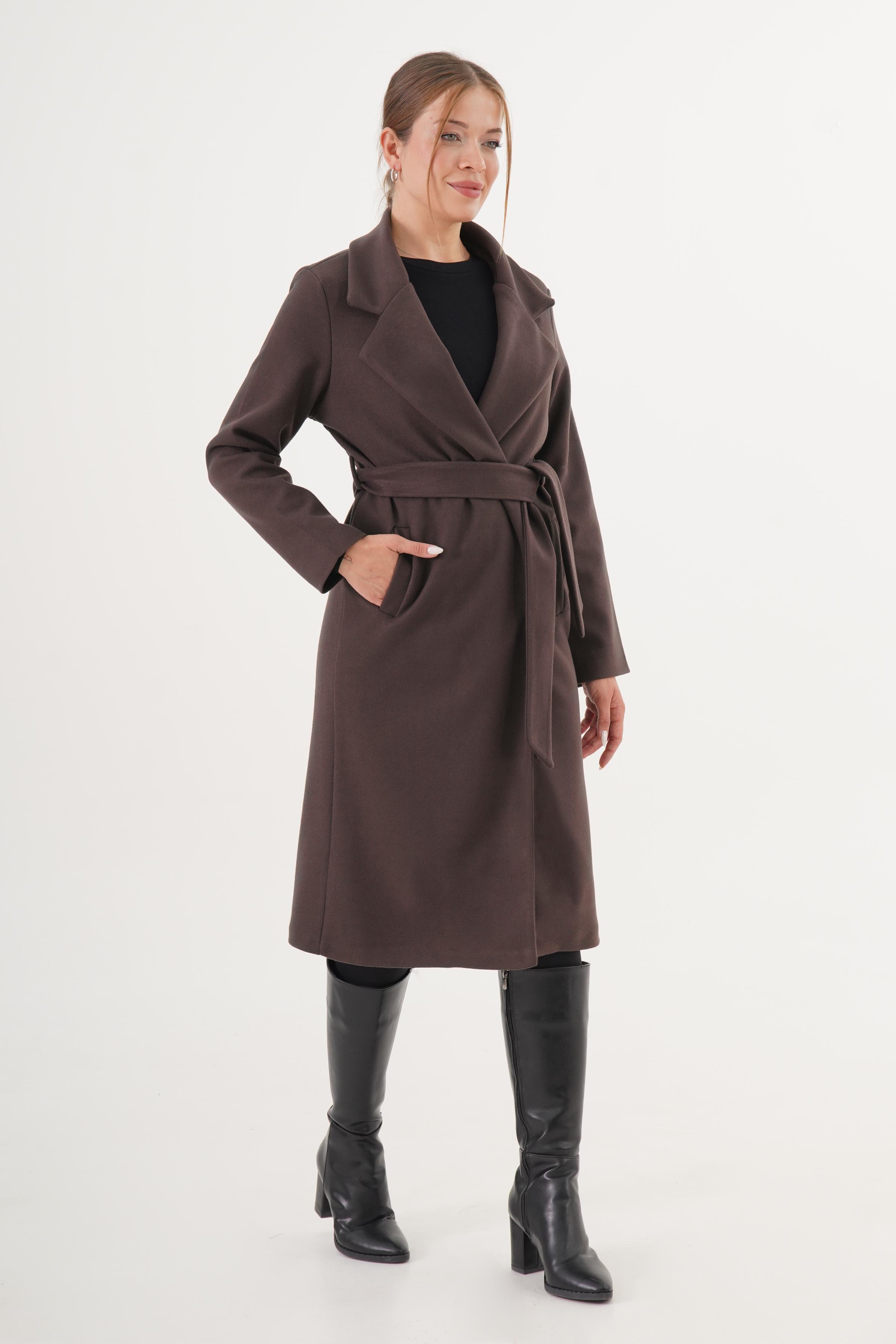 Beli Kuşaklı Astarlı Toptan Kahve Kaşe Kaban