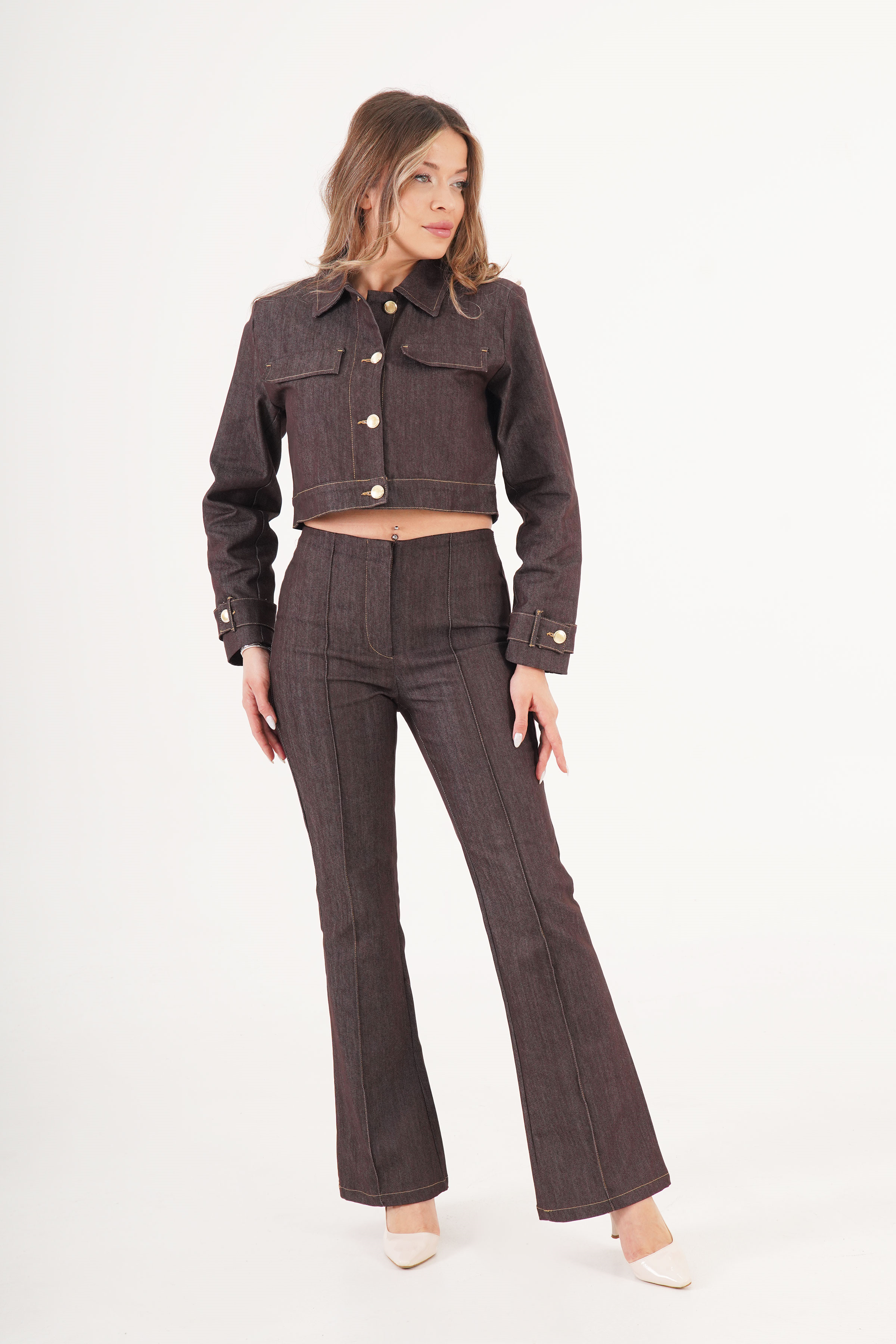 Gold Düğmeli Ceket Pantolon Kahve Denim Takım - Görsel 3